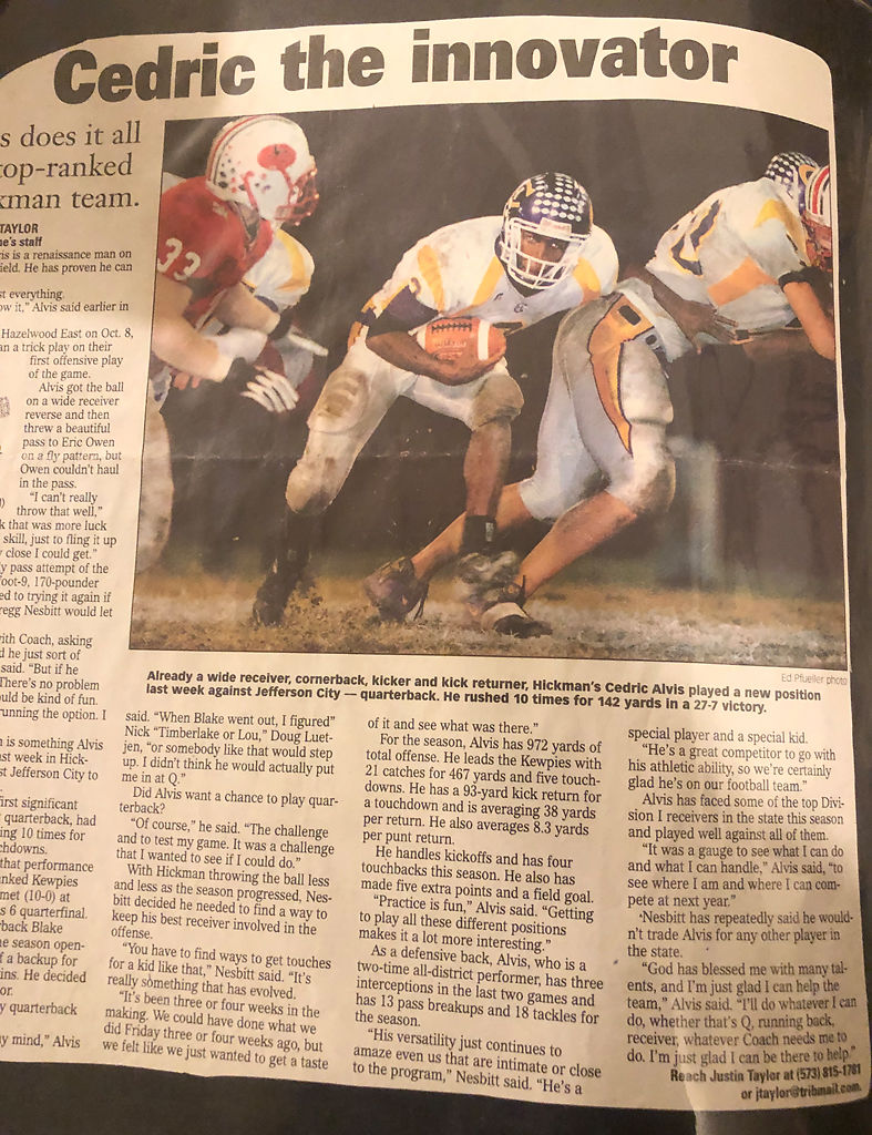 A newspaper clipping of an article about Cedric Alvis